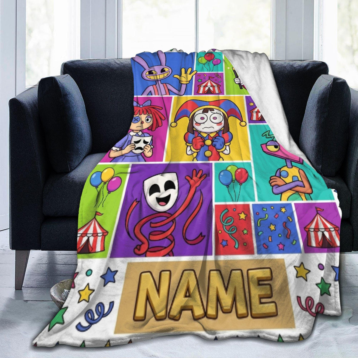 Custom Name TADC Blanket, Colorful Grid Circus Fleece Throw Kids, Cartoon Character Room Decor