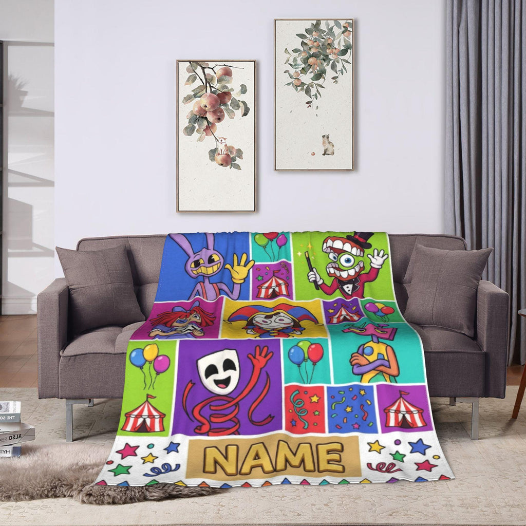 Custom Name TADC Blanket, Colorful Grid Circus Fleece Throw Kids, Cartoon Character Room Decor