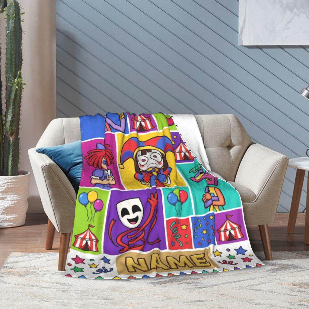 Custom Name TADC Blanket, Colorful Grid Circus Fleece Throw Kids, Cartoon Character Room Decor
