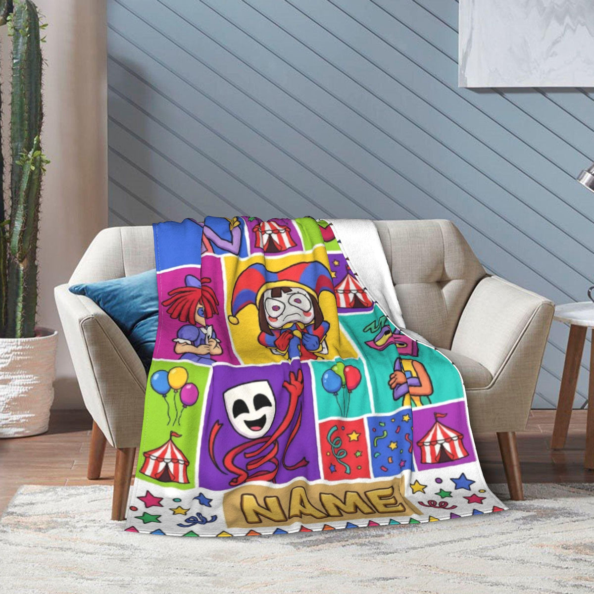 Custom Name TADC Blanket, Colorful Grid Circus Fleece Throw Kids, Cartoon Character Room Decor