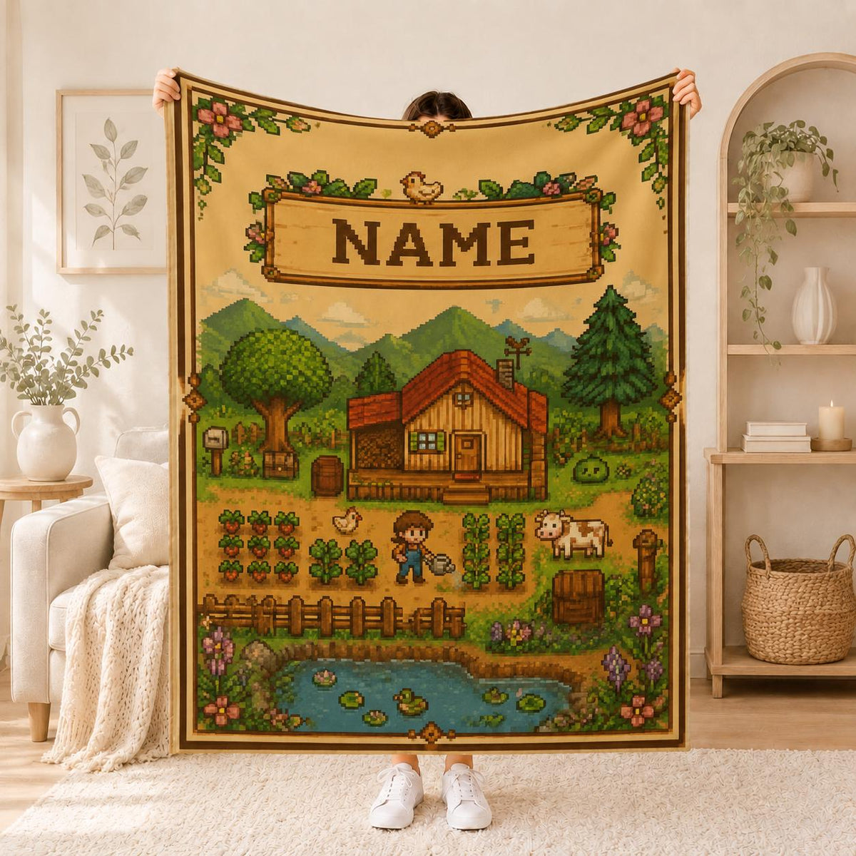 Personalized Stardew Valley Pixel Art Blanket, Custom Name Farm Fleece Throw