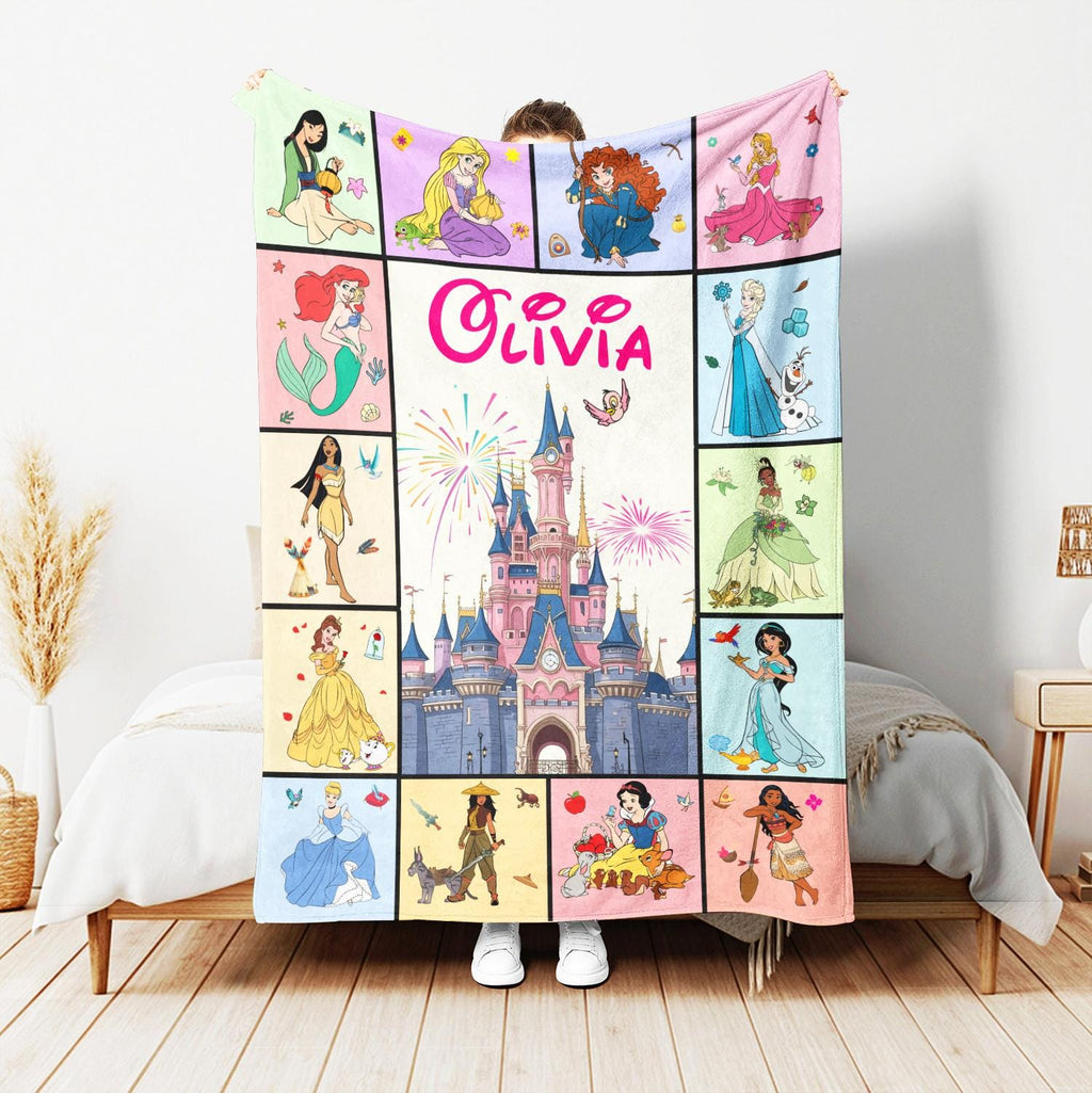 Personalized Disney Princess Blanket, Princess Group Blanket, Custom Name Blanket,Disney Birthday Girl Blanket, Snow White Ariel Belle Tiana