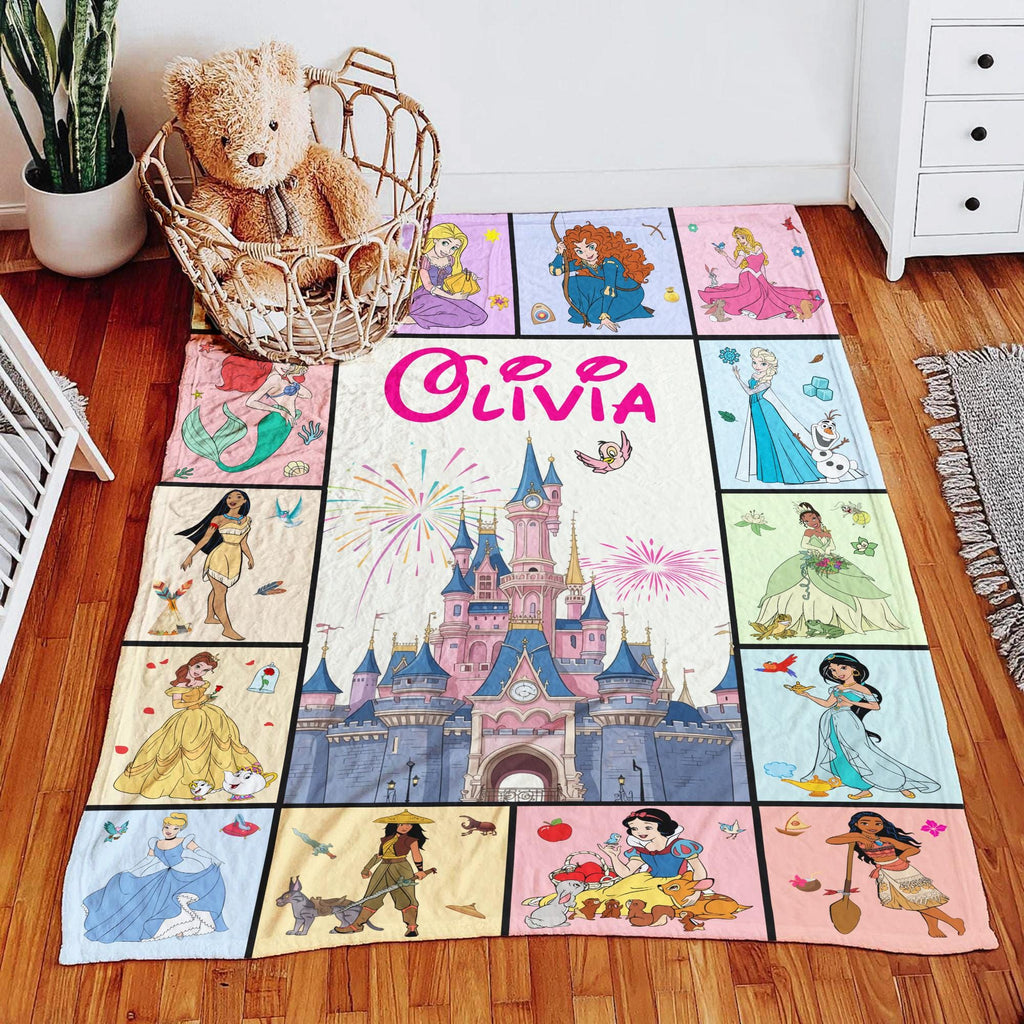 Personalized Disney Princess Blanket, Princess Group Blanket, Custom Name Blanket,Disney Birthday Girl Blanket, Snow White Ariel Belle Tiana