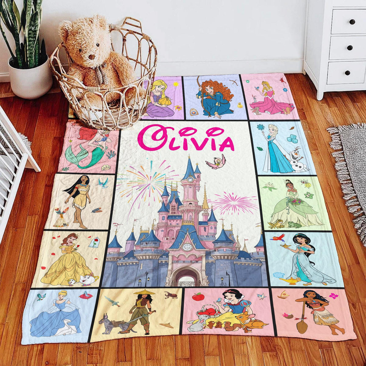 Personalized Disney Princess Blanket, Princess Group Blanket, Custom Name Blanket,Disney Birthday Girl Blanket, Snow White Ariel Belle Tiana
