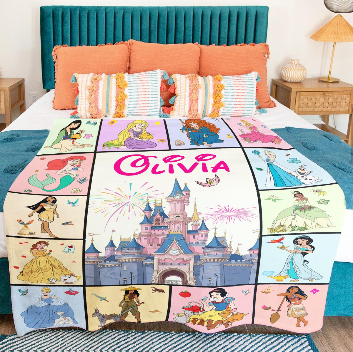 Personalized Disney Princess Blanket, Princess Group Blanket, Custom Name Blanket,Disney Birthday Girl Blanket, Snow White Ariel Belle Tiana