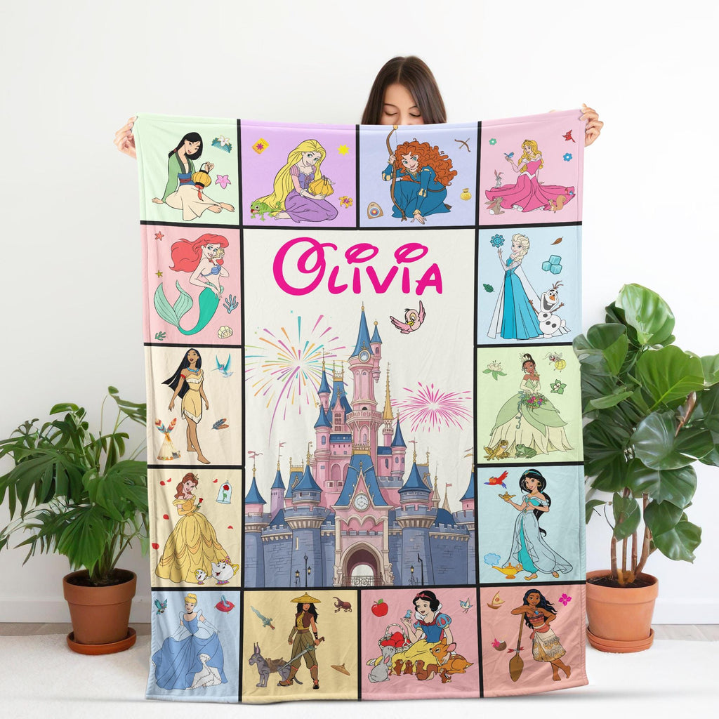 Personalized Disney Princess Blanket, Princess Group Blanket, Custom Name Blanket,Disney Birthday Girl Blanket, Snow White Ariel Belle Tiana