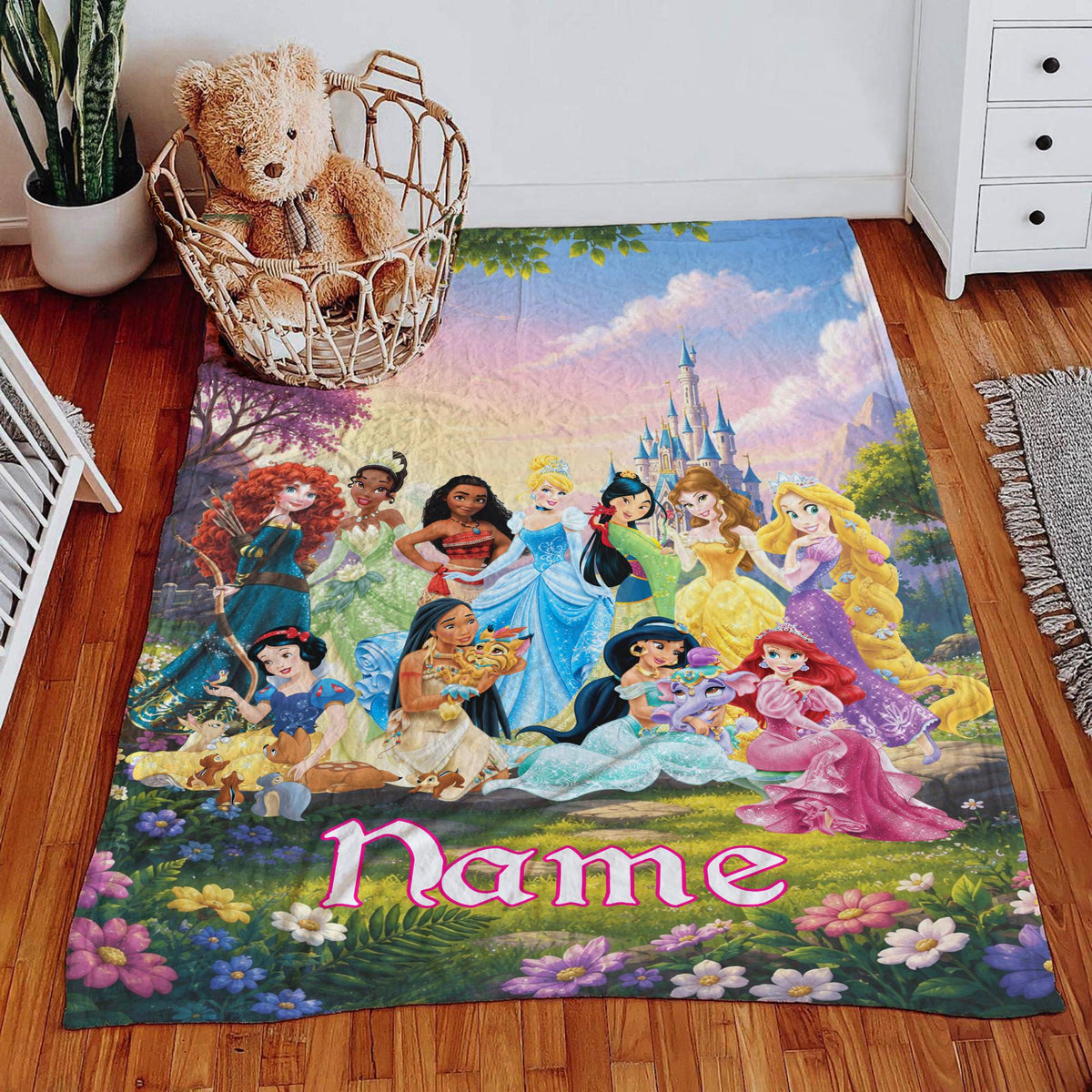 Personalized Disney Princess Blanket, Custom Name Blanket,Princess Group Blanket, Disney Birthday Girl Blanket, Cinderella Ariel Belle Tiana
