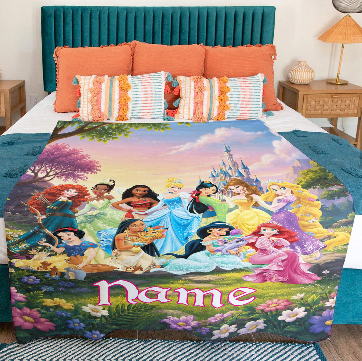 Personalized Disney Princess Blanket, Custom Name Blanket,Princess Group Blanket, Disney Birthday Girl Blanket, Cinderella Ariel Belle Tiana
