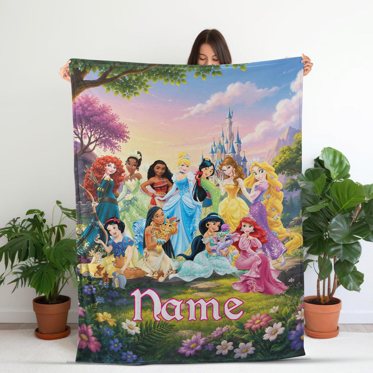 Personalized Disney Princess Blanket, Custom Name Blanket,Princess Group Blanket, Disney Birthday Girl Blanket, Cinderella Ariel Belle Tiana