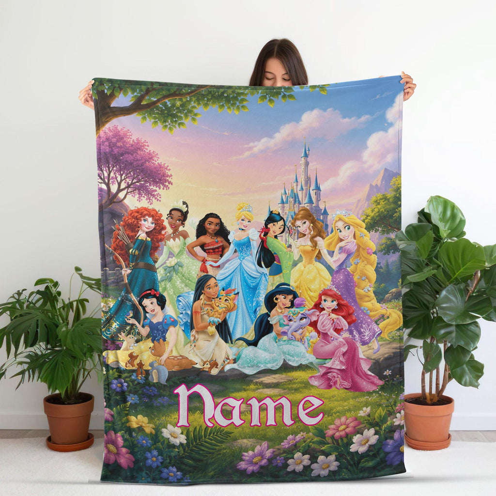 Personalized Disney Princess Blanket, Custom Name Blanket,Princess Group Blanket, Disney Birthday Girl Blanket, Cinderella Ariel Belle Tiana
