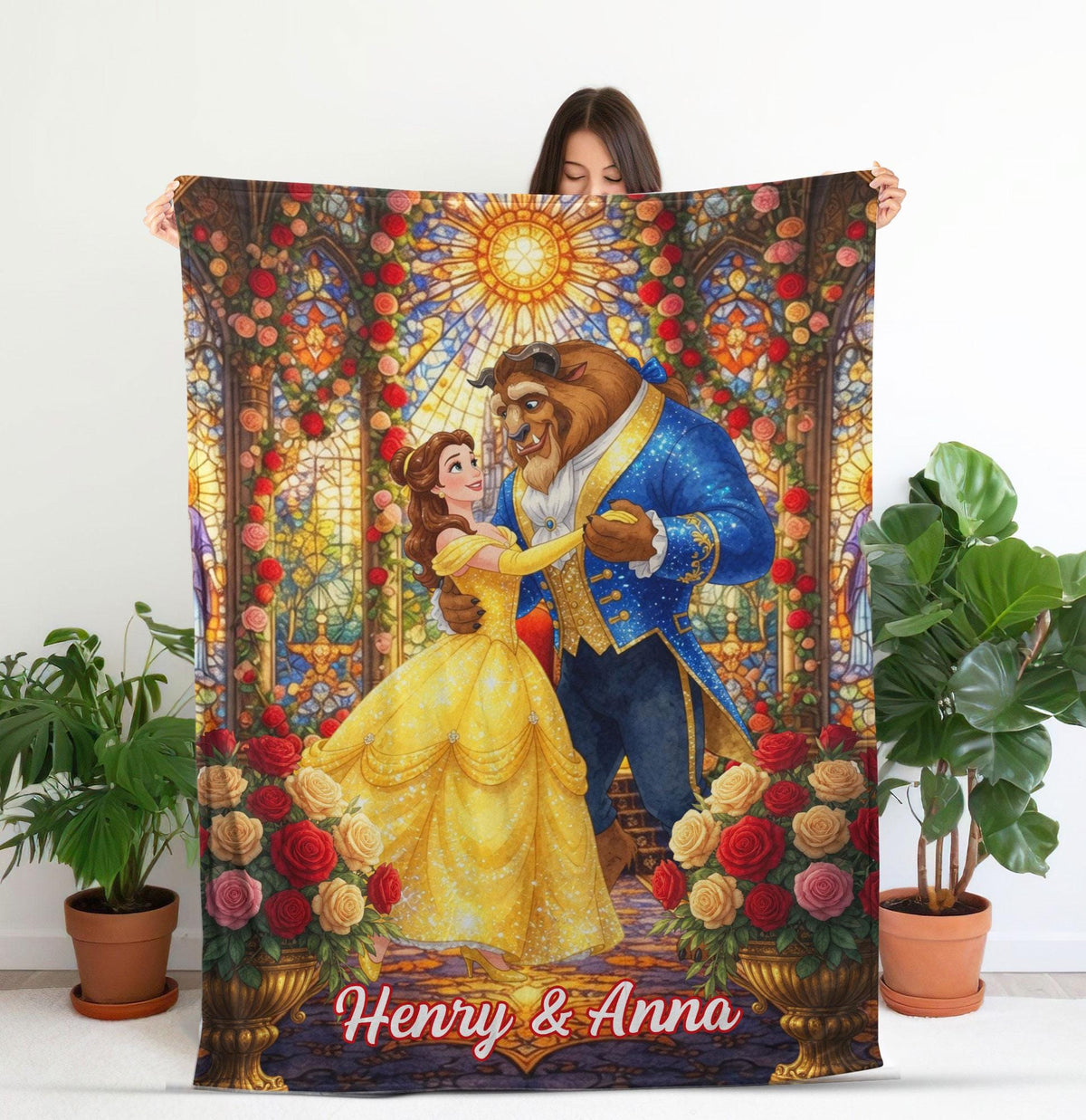 Personalized Beauty And The Beast Blanket, Custom Name Belle Blanket Throw, Disney Princess Blanket, Couple Blanket Gift, Disney Home Decor