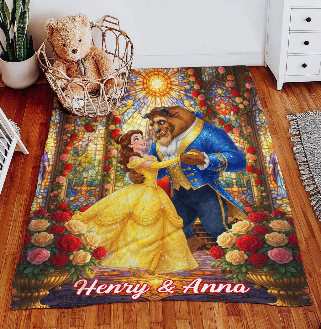 Personalized Beauty And The Beast Blanket, Custom Name Belle Blanket Throw, Disney Princess Blanket, Couple Blanket Gift, Disney Home Decor