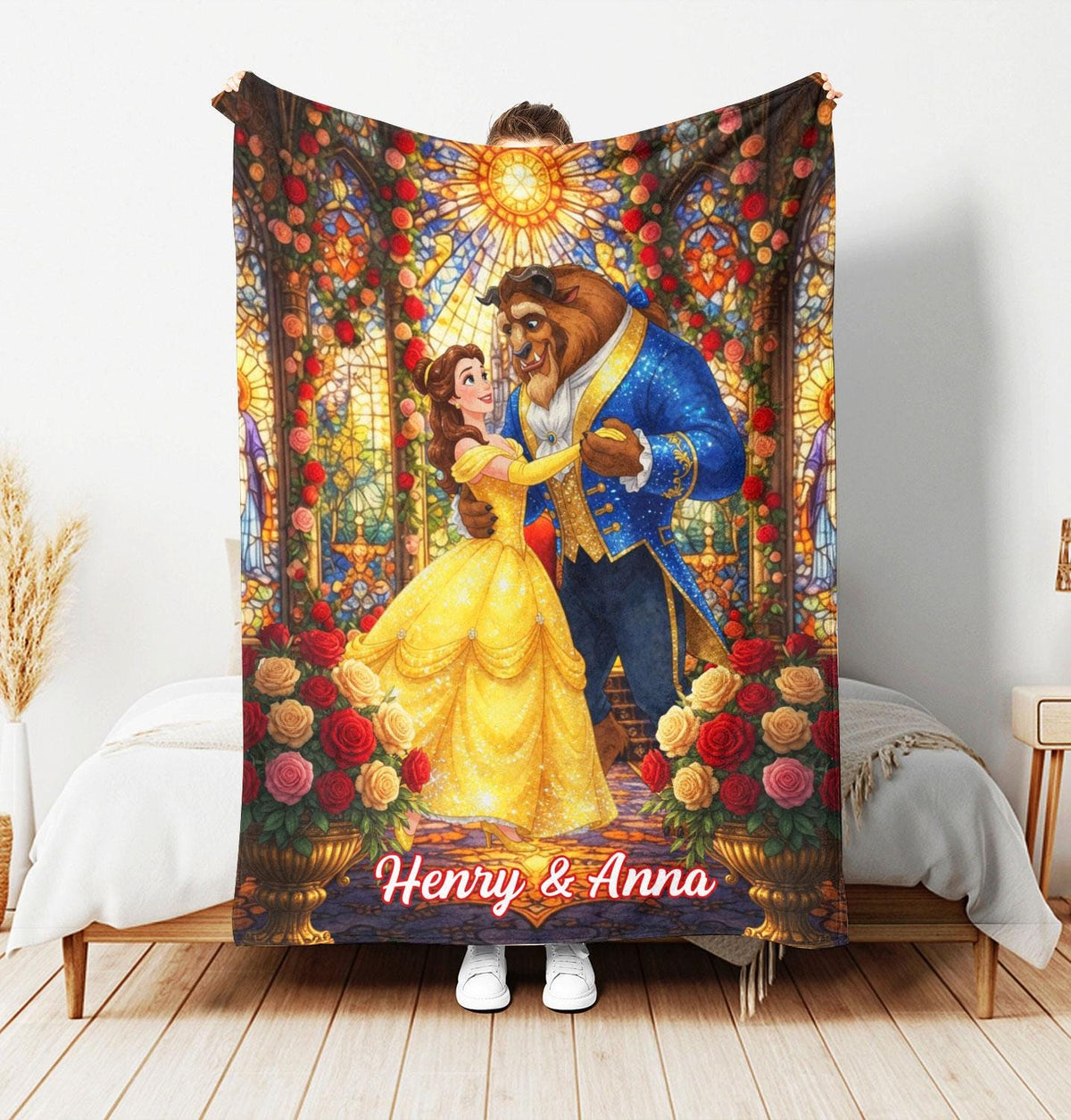 Personalized Beauty And The Beast Blanket, Custom Name Belle Blanket Throw, Disney Princess Blanket, Couple Blanket Gift, Disney Home Decor