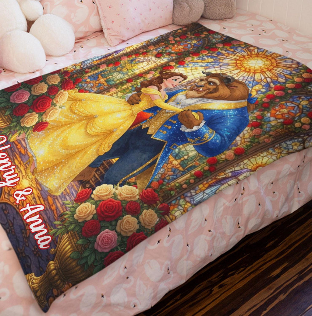 Personalized Beauty And The Beast Blanket, Custom Name Belle Blanket Throw, Disney Princess Blanket, Couple Blanket Gift, Disney Home Decor