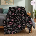 Pink Spinosaurus Skeleton Fleece Blanket, Black Dinosaur Fossil Gothic Throw, Cozy Soft Gift