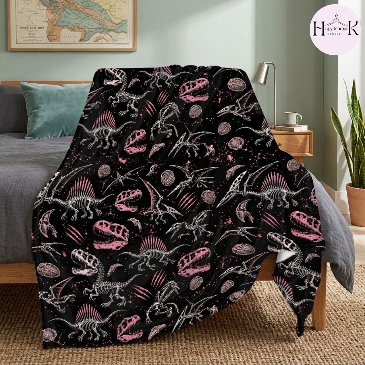 Pink Spinosaurus Skeleton Fleece Blanket, Black Dinosaur Fossil Gothic Throw, Cozy Soft Gift