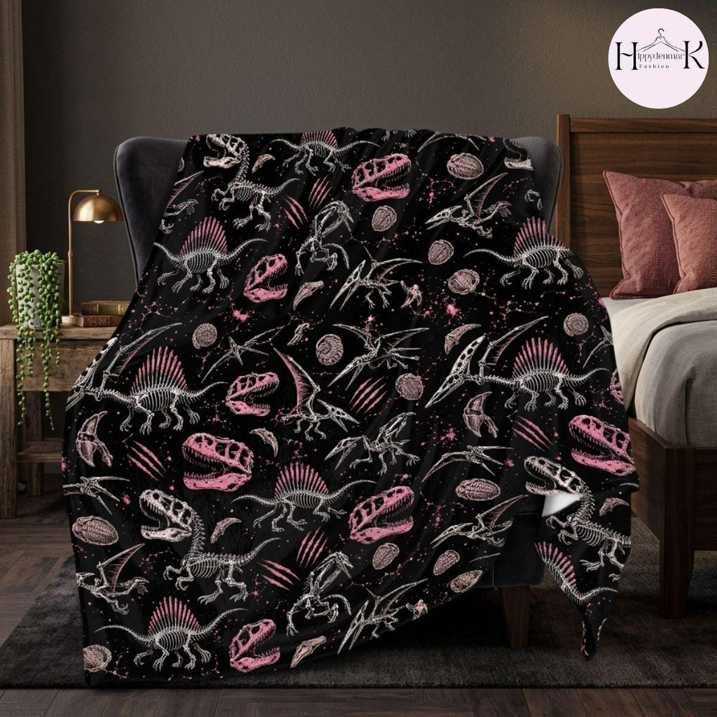 Pink Spinosaurus Skeleton Fleece Blanket, Black Dinosaur Fossil Gothic Throw, Cozy Soft Gift