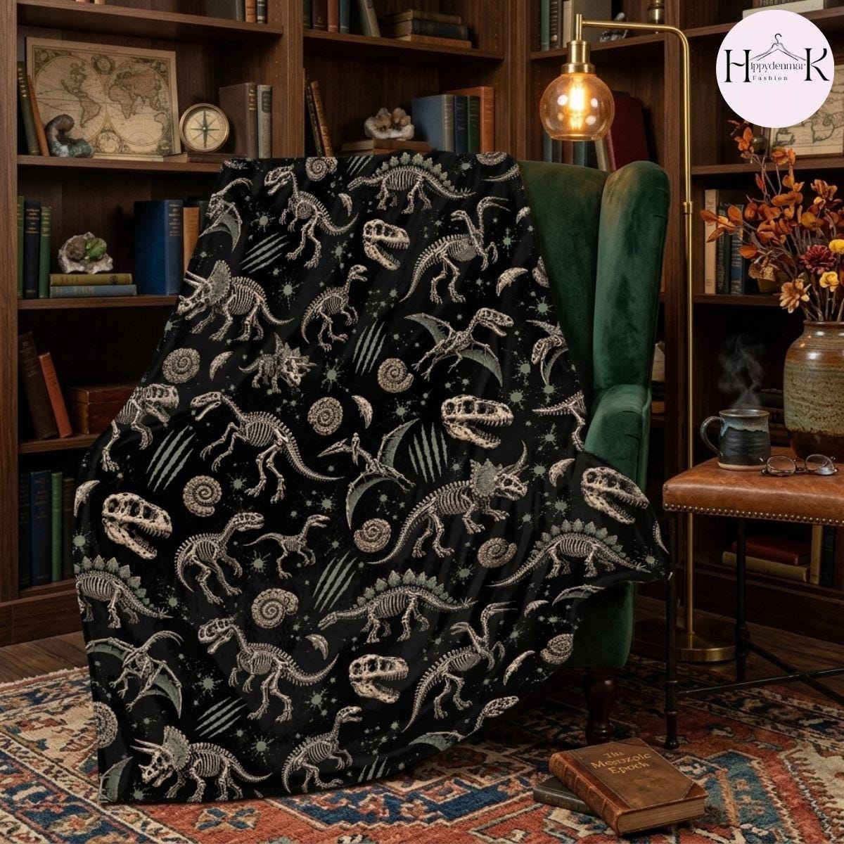 Dinosaur Skeleton Anatomy Fleece Blanket, Black Fossil Bones Gothic Throw, Cozy Soft Gift