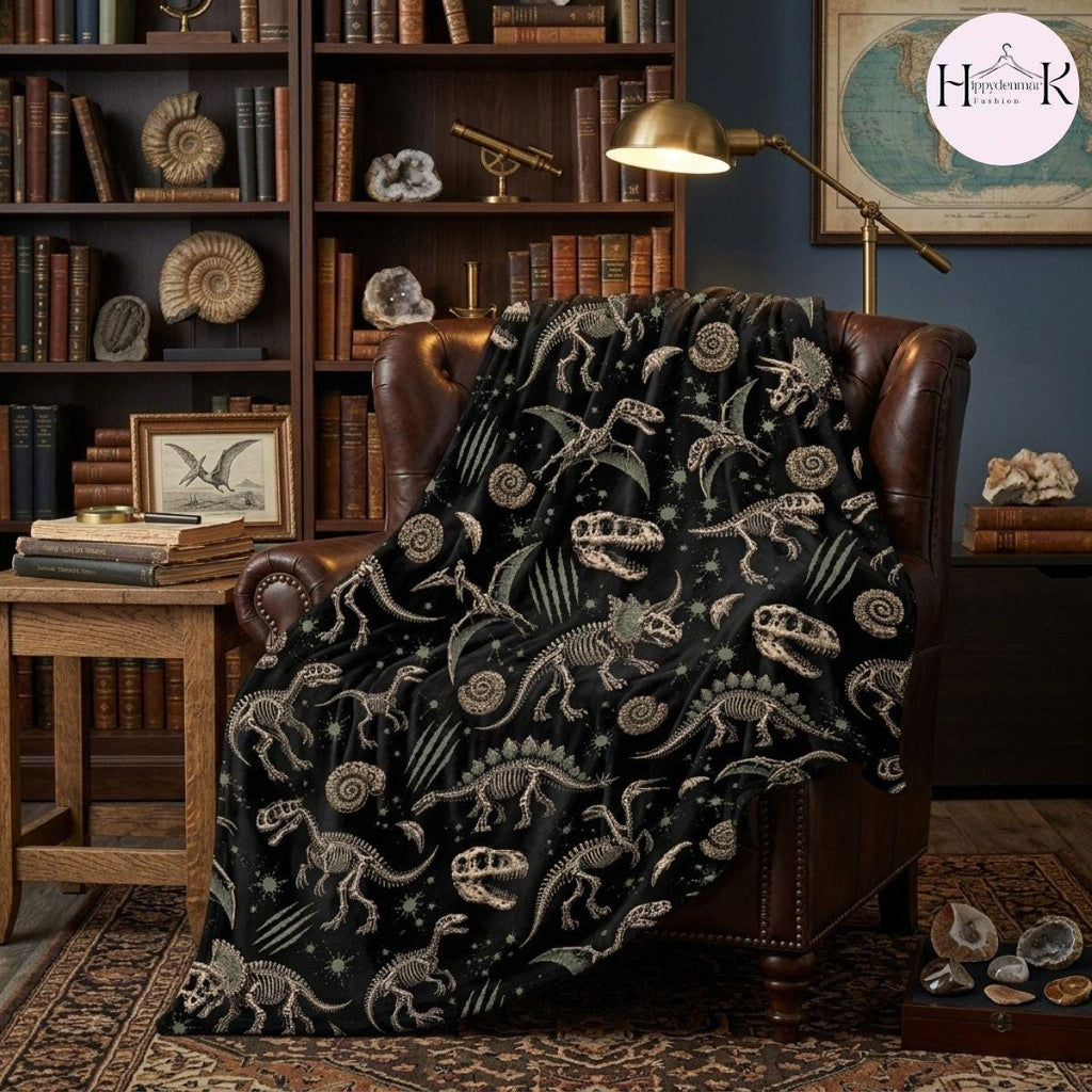 Dinosaur Skeleton Anatomy Fleece Blanket, Black Fossil Bones Gothic Throw, Cozy Soft Gift