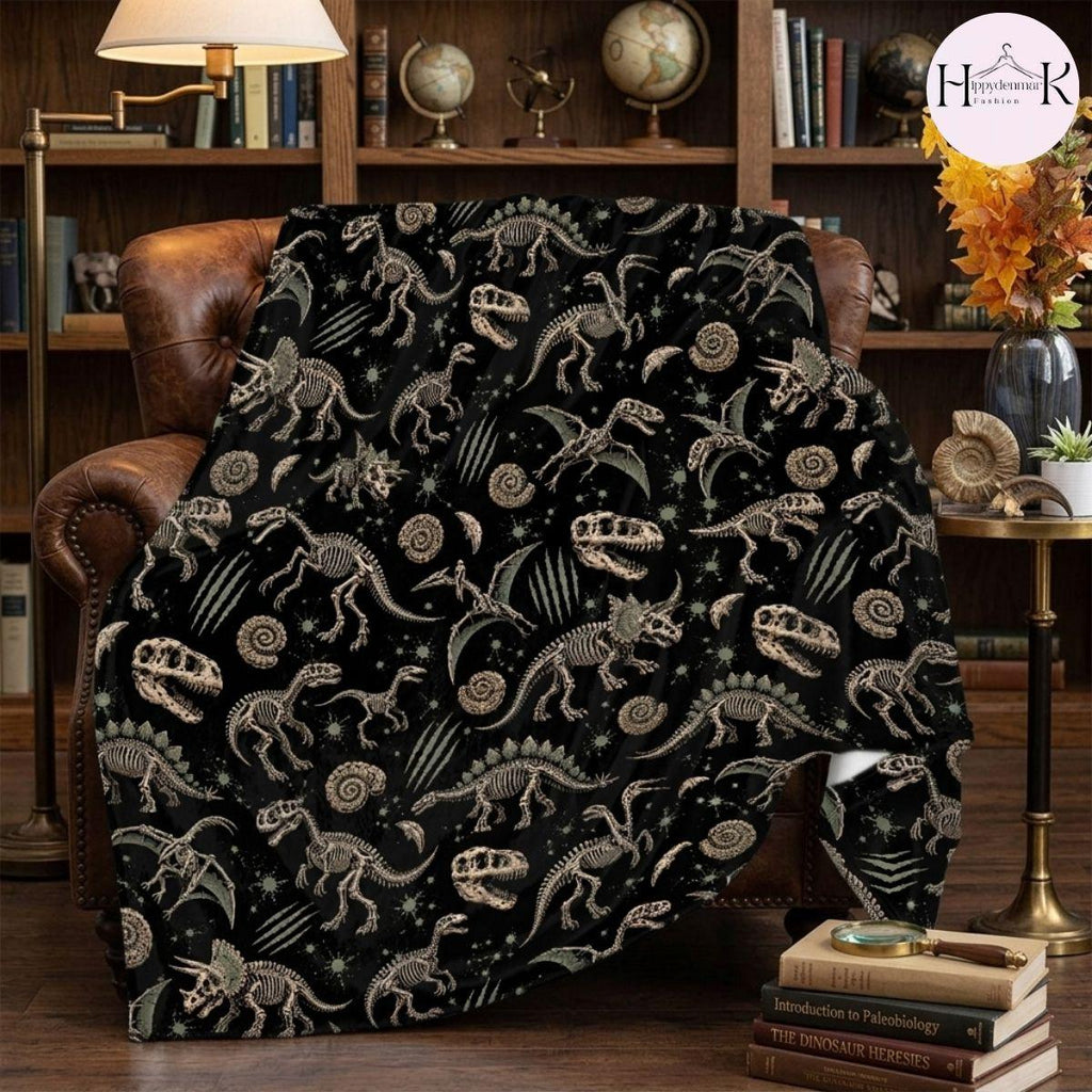 Dinosaur Skeleton Anatomy Fleece Blanket, Black Fossil Bones Gothic Throw, Cozy Soft Gift