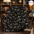 Dinosaur Skeleton Anatomy Fleece Blanket, Black Fossil Bones Gothic Throw, Cozy Soft Gift