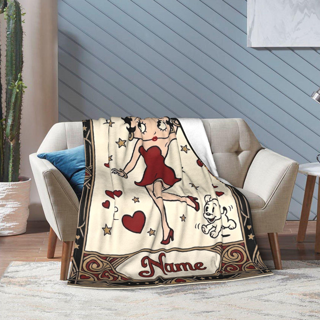 Retro Betty Boop Pudgy Dog Fleece Blanket, Custom Heart Throw, Cozy Flannel Sofa Cover