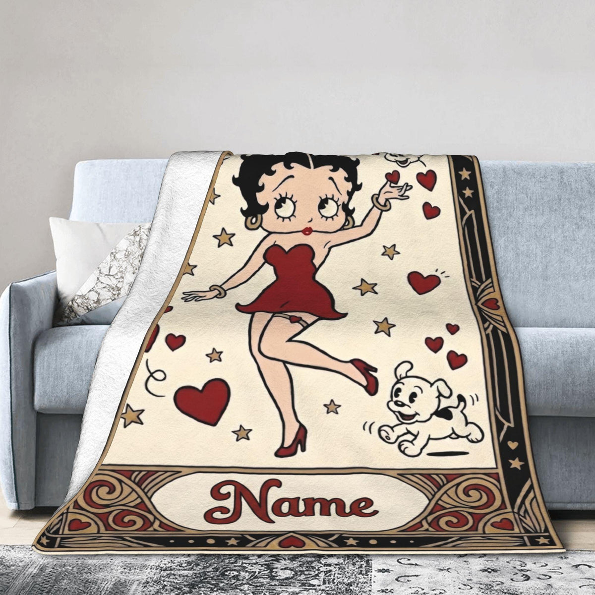 Retro Betty Boop Pudgy Dog Fleece Blanket, Custom Heart Throw, Cozy Flannel Sofa Cover