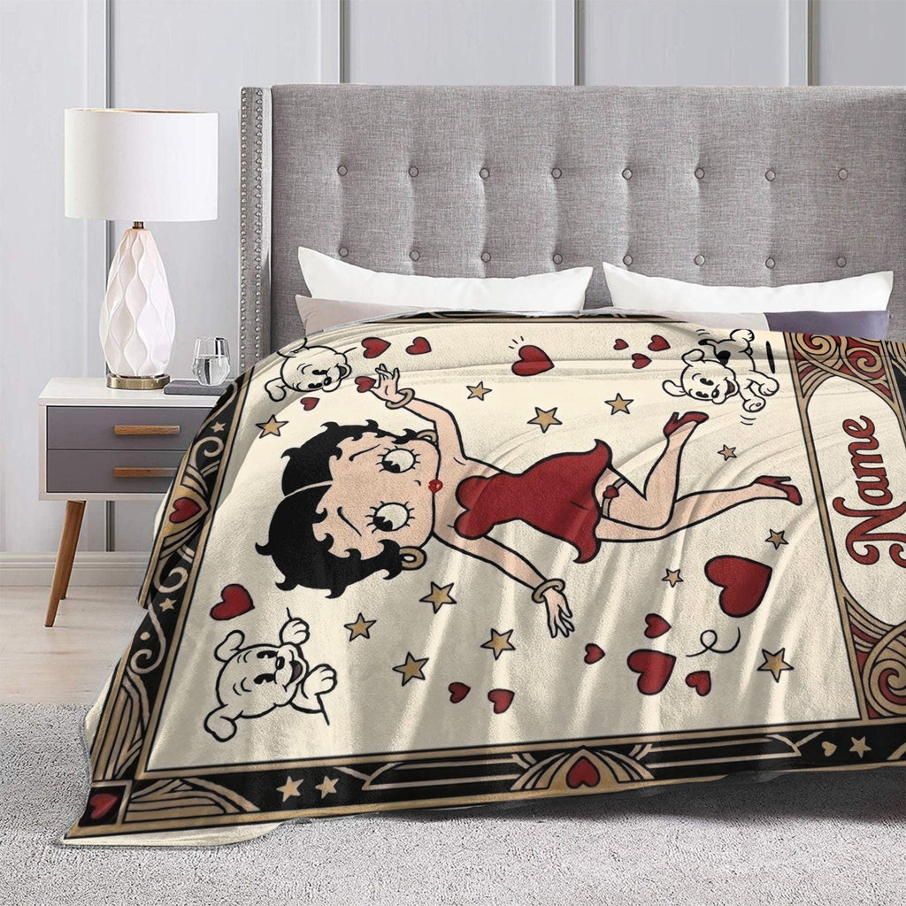 Retro Betty Boop Pudgy Dog Fleece Blanket, Custom Heart Throw, Cozy Flannel Sofa Cover