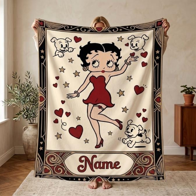 Retro Betty Boop Pudgy Dog Fleece Blanket, Custom Heart Throw, Cozy Flannel Sofa Cover