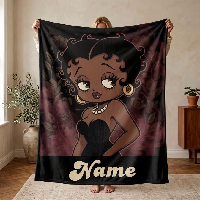 Customized Name Black Betty Boop Fleece Blanket, Vintage Floral Elegance Pearl Flannel Throw Blanket for Living Room, Retro Gift Idea
