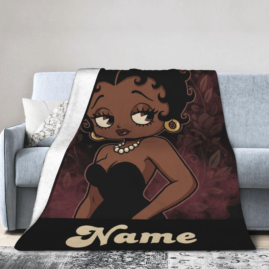 Customized Name Black Betty Boop Fleece Blanket, Vintage Floral Elegance Pearl Flannel Throw Blanket for Living Room, Retro Gift Idea
