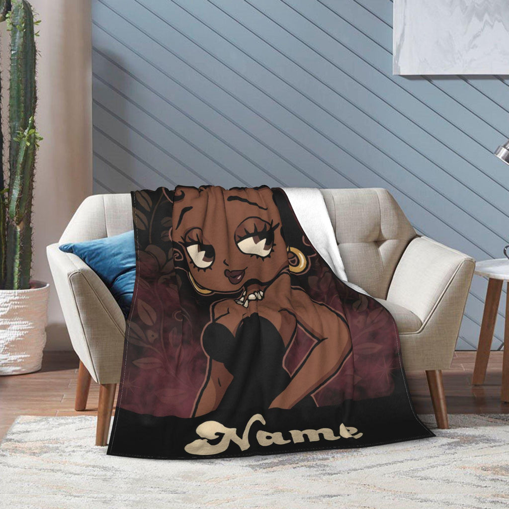 Customized Name Black Betty Boop Fleece Blanket, Vintage Floral Elegance Pearl Flannel Throw Blanket for Living Room, Retro Gift Idea