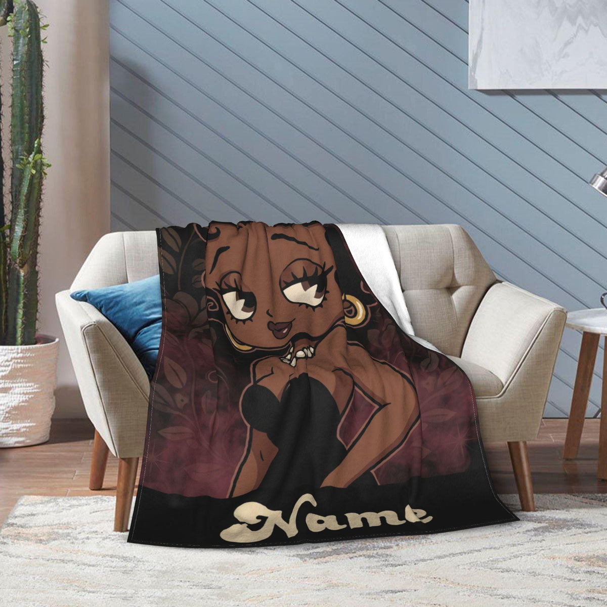 Customized Name Black Betty Boop Fleece Blanket, Vintage Floral Elegance Pearl Flannel Throw Blanket for Living Room, Retro Gift Idea