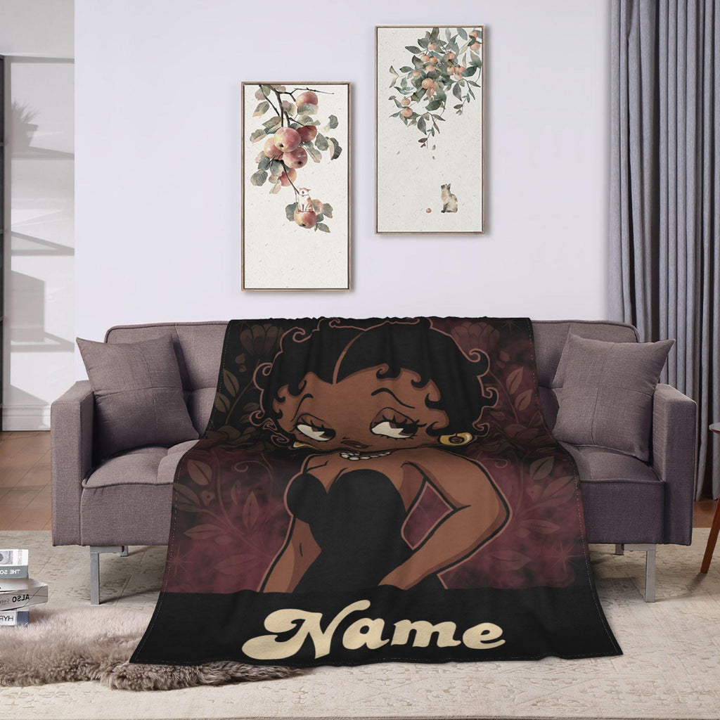 Customized Name Black Betty Boop Fleece Blanket, Vintage Floral Elegance Pearl Flannel Throw Blanket for Living Room, Retro Gift Idea