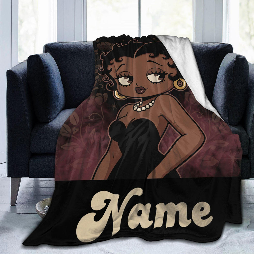 Customized Name Black Betty Boop Fleece Blanket, Vintage Floral Elegance Pearl Flannel Throw Blanket for Living Room, Retro Gift Idea