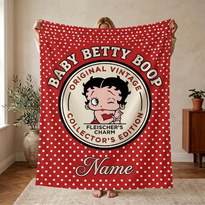 Vintage Polka Dot Baby Betty Boop Fleece Blanket, Personalized Collector Badge Flannel Throw Blanket for Bed Sofa, Retro Birthday Gift