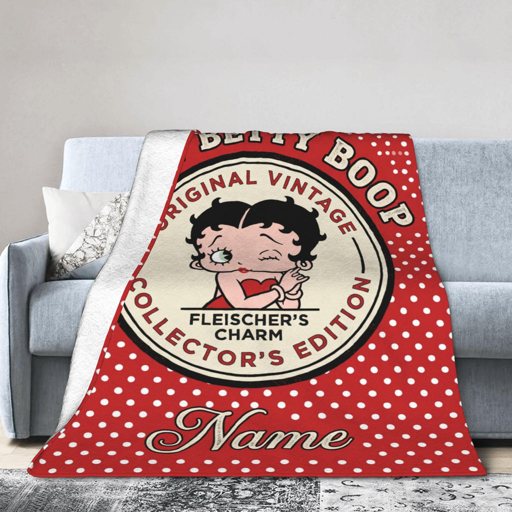 Vintage Polka Dot Baby Betty Boop Fleece Blanket, Personalized Collector Badge Flannel Throw Blanket for Bed Sofa, Retro Birthday Gift