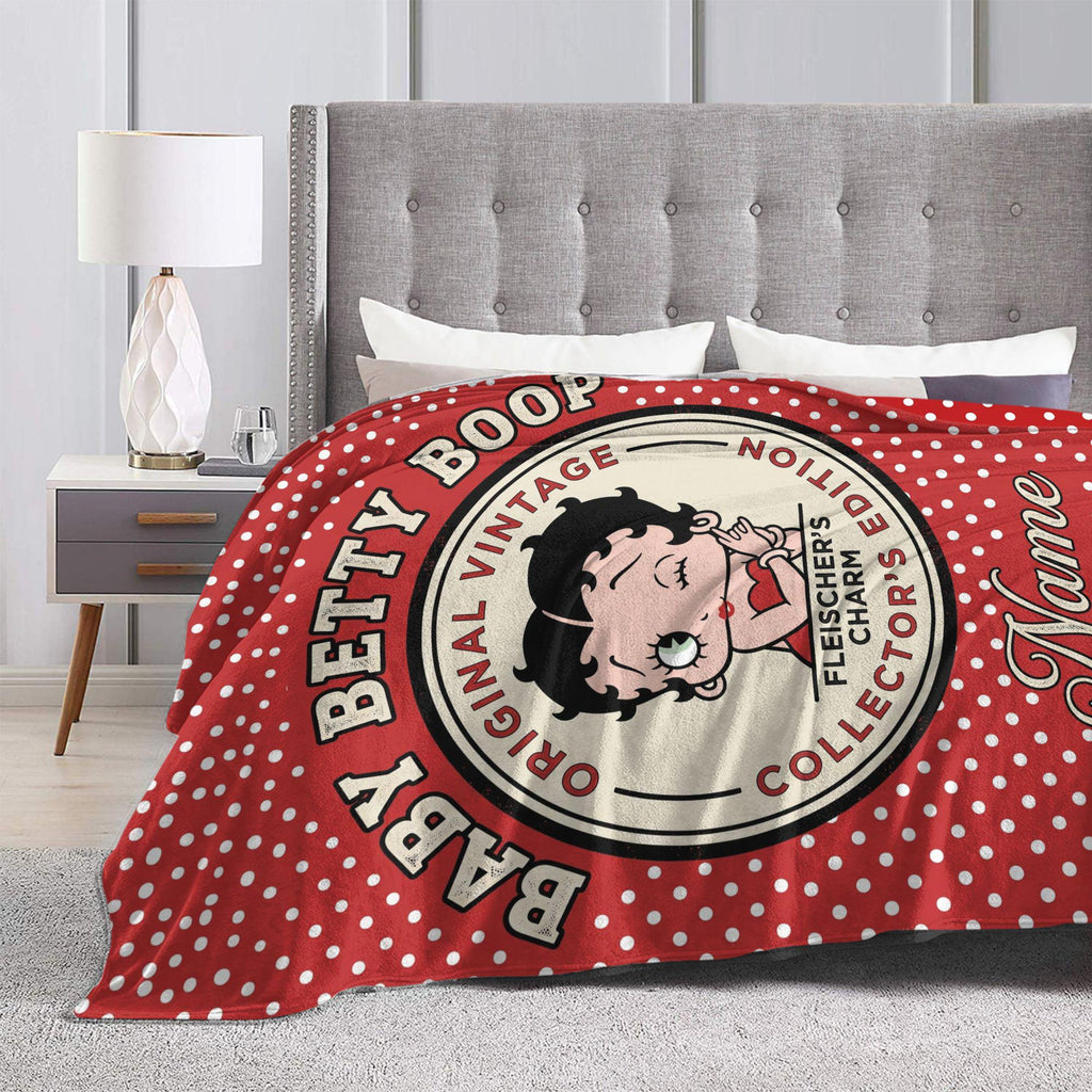 Vintage Polka Dot Baby Betty Boop Fleece Blanket, Personalized Collector Badge Flannel Throw Blanket for Bed Sofa, Retro Birthday Gift