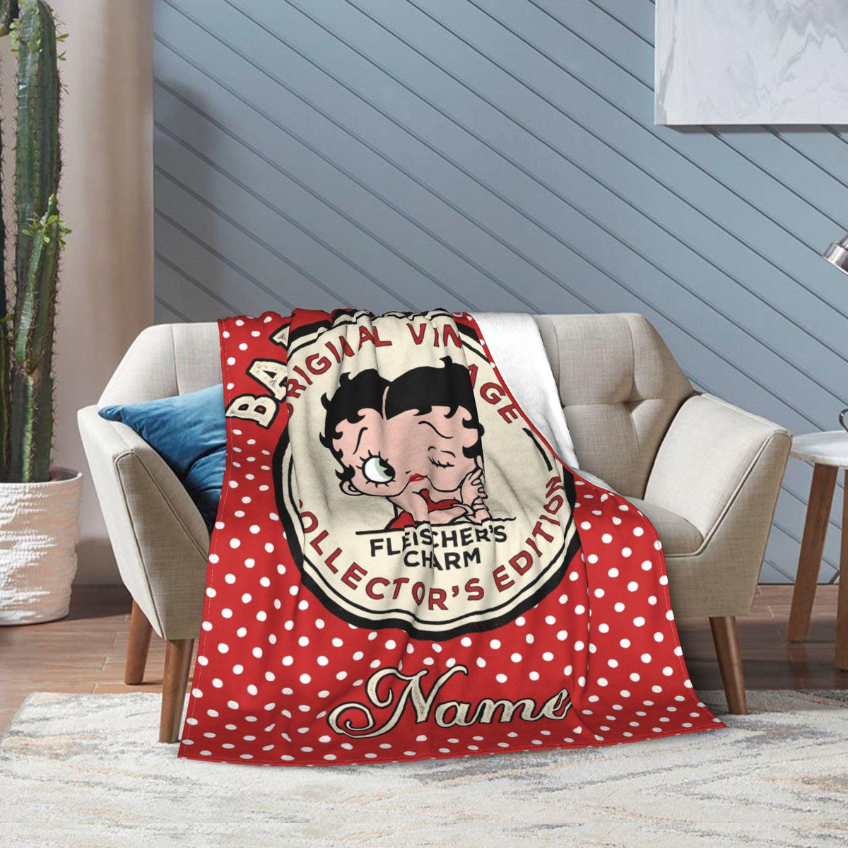 Vintage Polka Dot Baby Betty Boop Fleece Blanket, Personalized Collector Badge Flannel Throw Blanket for Bed Sofa, Retro Birthday Gift