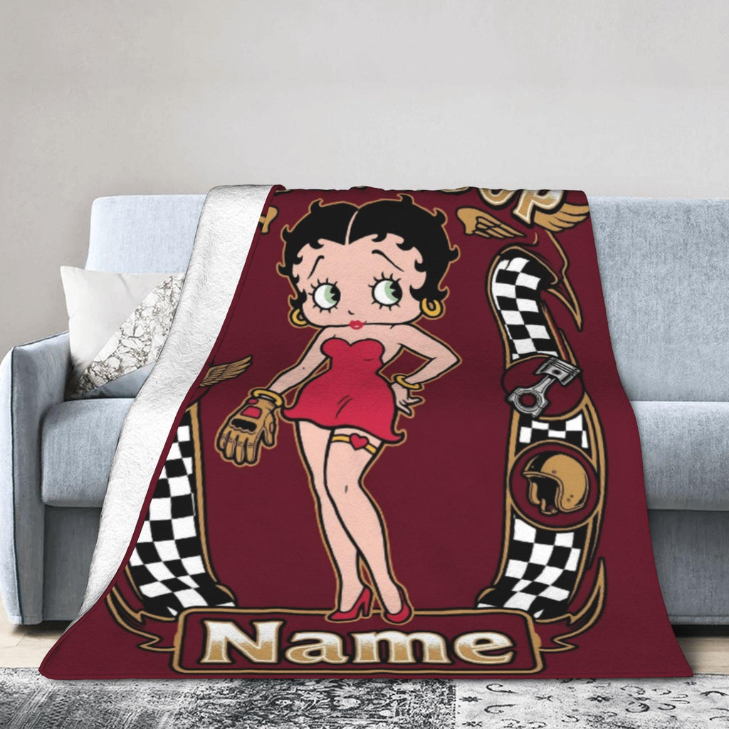 Custom Name Biker Betty Boop Fleece Blanket, Motorcycle Racing Chequered Flannel Throw Blanket for Men Women, Retro Garage Decor Gift