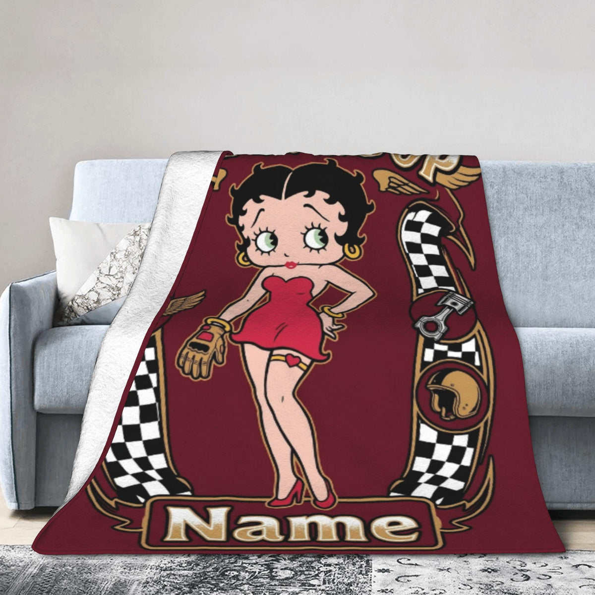 Custom Name Biker Betty Boop Fleece Blanket, Motorcycle Racing Chequered Flannel Throw Blanket for Men Women, Retro Garage Decor Gift