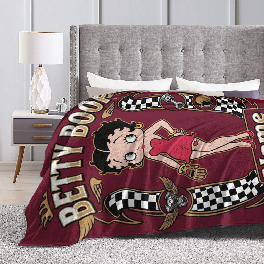 Custom Name Biker Betty Boop Fleece Blanket, Motorcycle Racing Chequered Flannel Throw Blanket for Men Women, Retro Garage Decor Gift