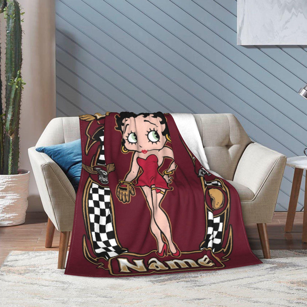 Custom Name Biker Betty Boop Fleece Blanket, Motorcycle Racing Chequered Flannel Throw Blanket for Men Women, Retro Garage Decor Gift