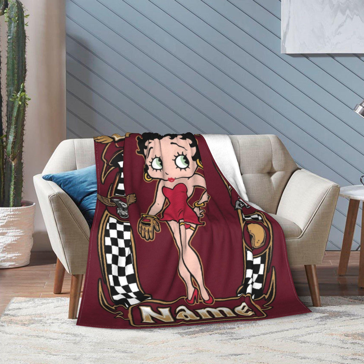 Custom Name Biker Betty Boop Fleece Blanket, Motorcycle Racing Chequered Flannel Throw Blanket for Men Women, Retro Garage Decor Gift