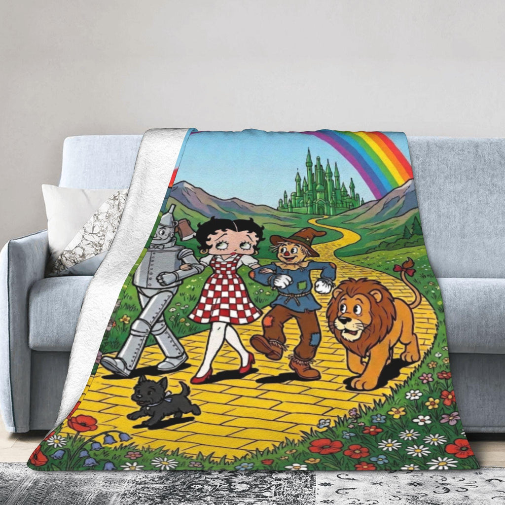 Personalized Wizard of Oz Betty Boop Fleece Blanket, Custom Name Rainbow Yellow Brick Road Flannel Throw Blanket, Cute Fairy Tale Gift
