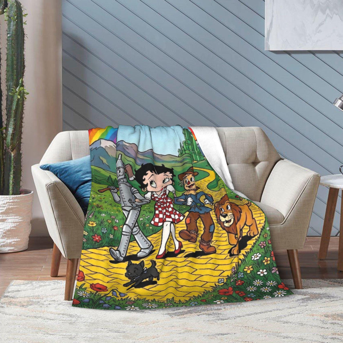 Personalized Wizard of Oz Betty Boop Fleece Blanket, Custom Name Rainbow Yellow Brick Road Flannel Throw Blanket, Cute Fairy Tale Gift