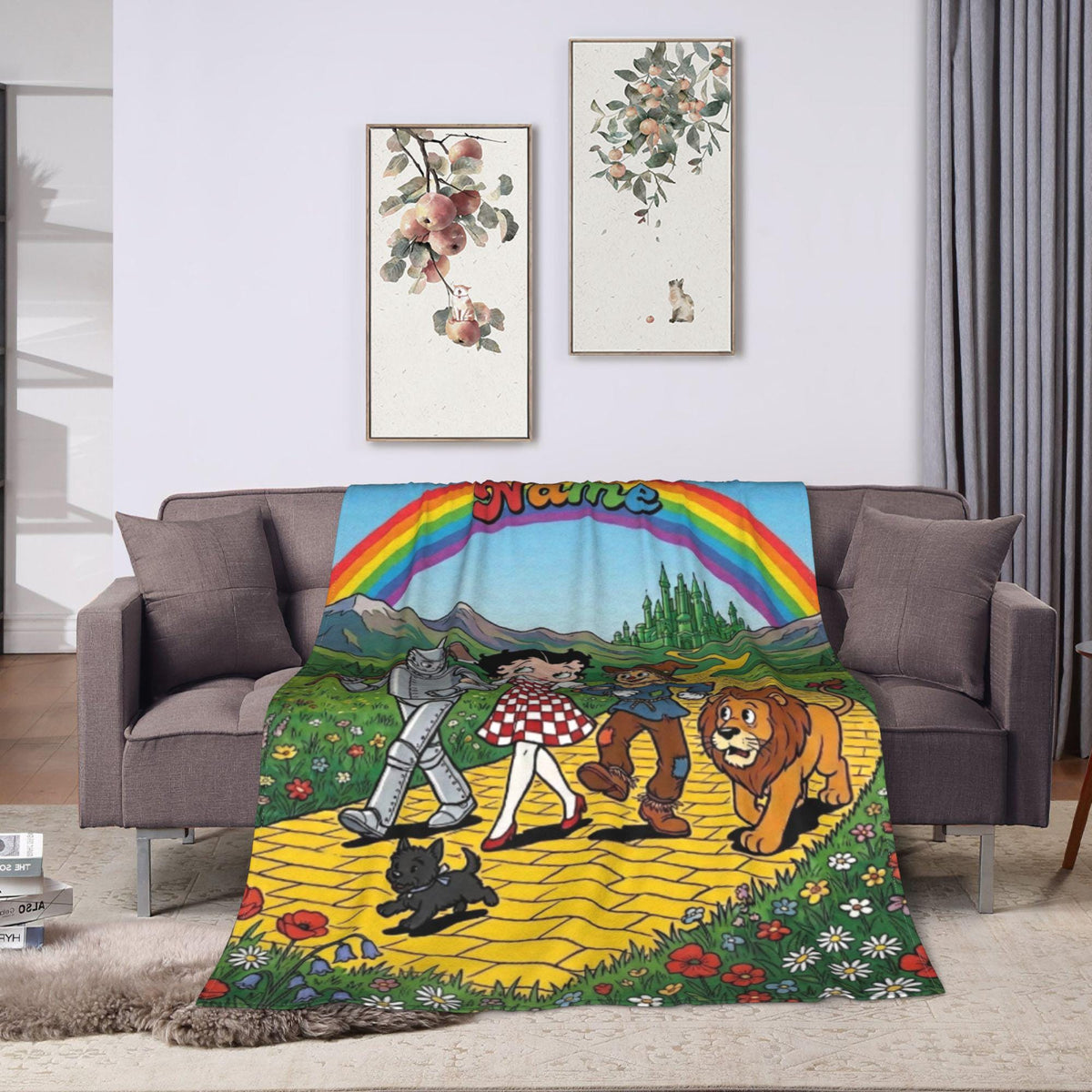 Personalized Wizard of Oz Betty Boop Fleece Blanket, Custom Name Rainbow Yellow Brick Road Flannel Throw Blanket, Cute Fairy Tale Gift