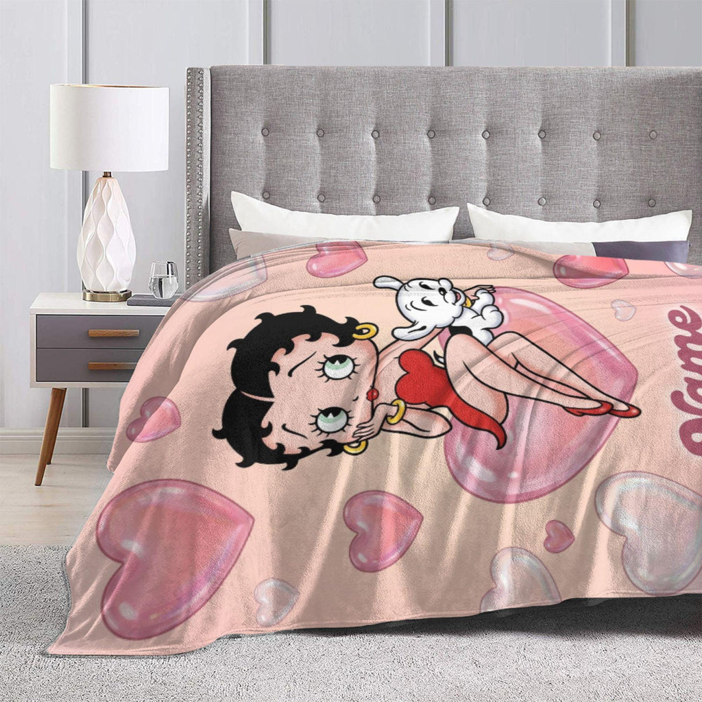 Custom Name Pink Heart Betty Boop Fleece Blanket, Romantic Puppy Flannel Throw Blanket for Bed Sofa, Sweet Cute Girls Birthday Gift