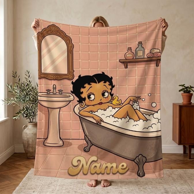 Personalized Bubble Bath Betty Boop Fleece Blanket, Custom Name Pink Bathroom Flannel Throw Blanket for Bed Sofa, Cute Spa Decor Gift