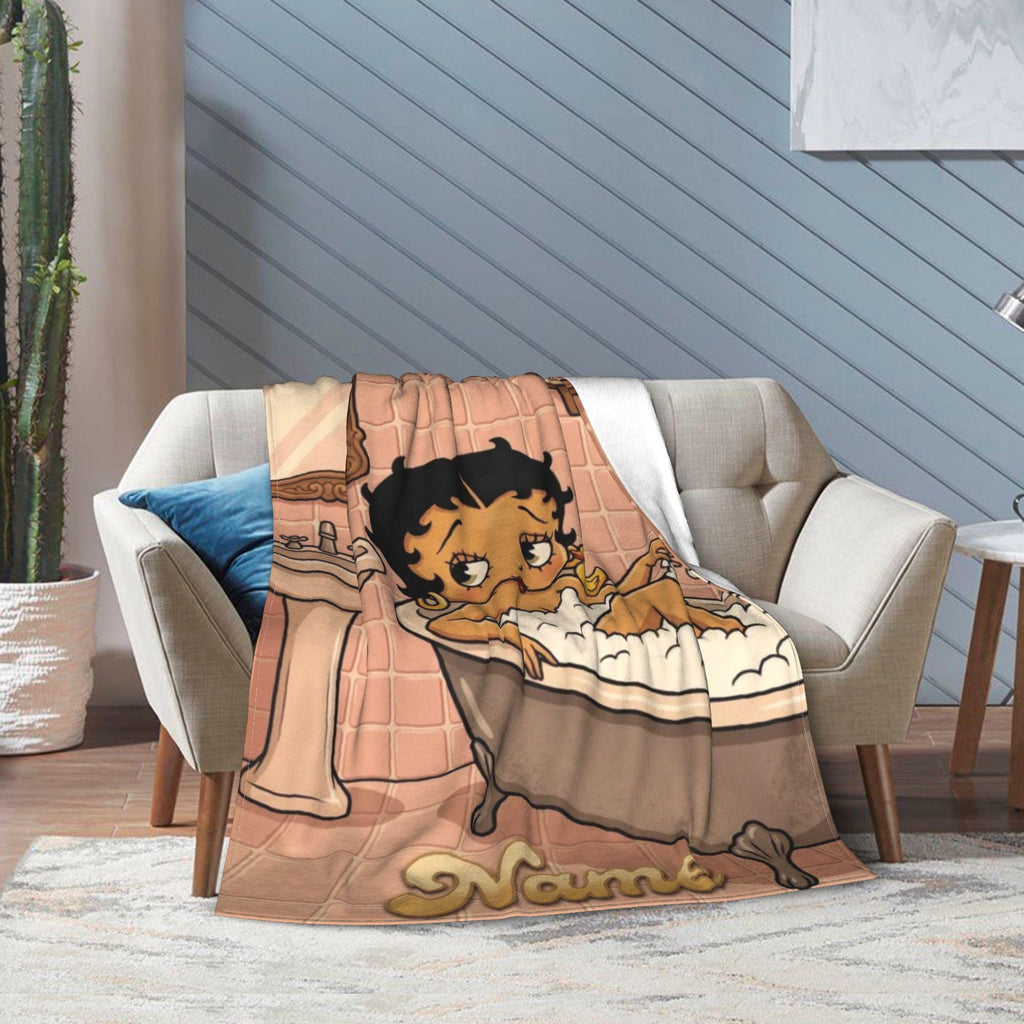 Personalized Bubble Bath Betty Boop Fleece Blanket, Custom Name Pink Bathroom Flannel Throw Blanket for Bed Sofa, Cute Spa Decor Gift